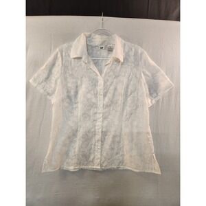 Lee Women's Sheer White Floral Button-down Short Sleeve Top Size XL  Flowy Airy